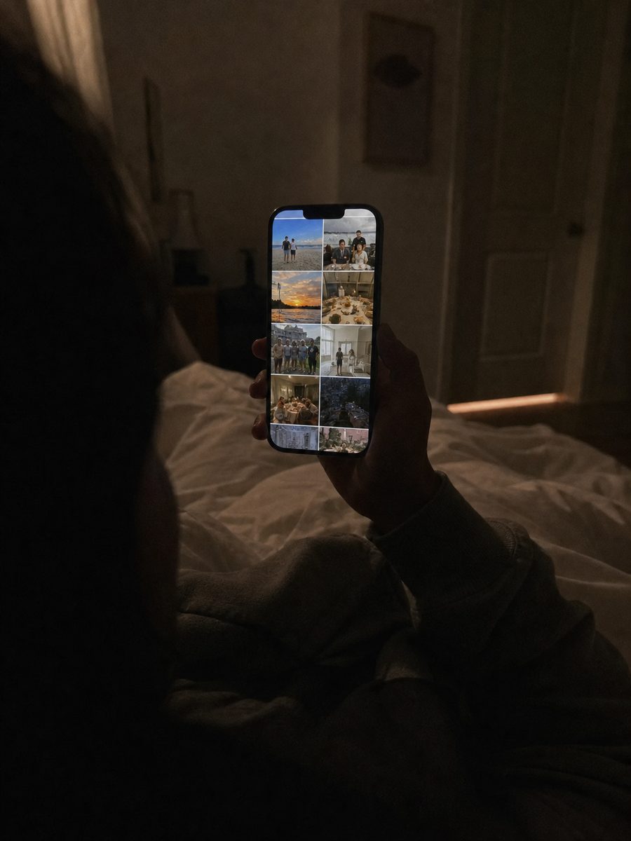 A phone glowing in a dark bedroom, showing somebody else’s feed.