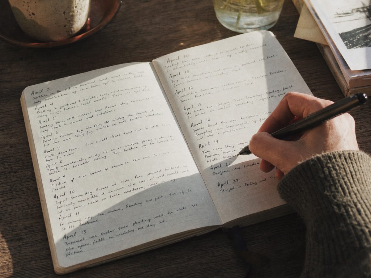 An open notebook filled with short dated entries running across several weeks.