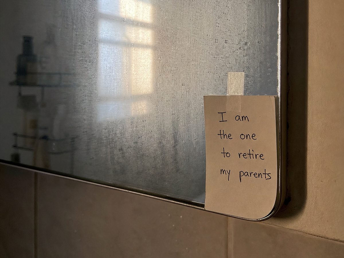 A handwritten card taped to the edge of a steamed bathroom mirror.