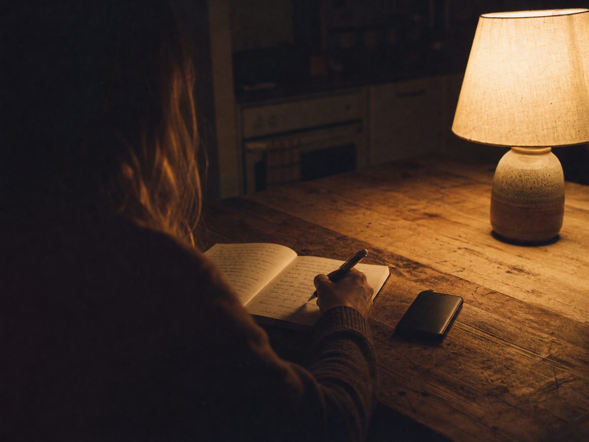 A kitchen table at night, one lamp, a phone face-down beside an open notebook.
